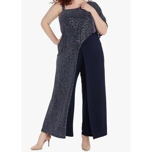R &M Richards‎ Black Sequined Overlay Knit One Shoulder Jumpsuit Sz 14 Fun Sexy